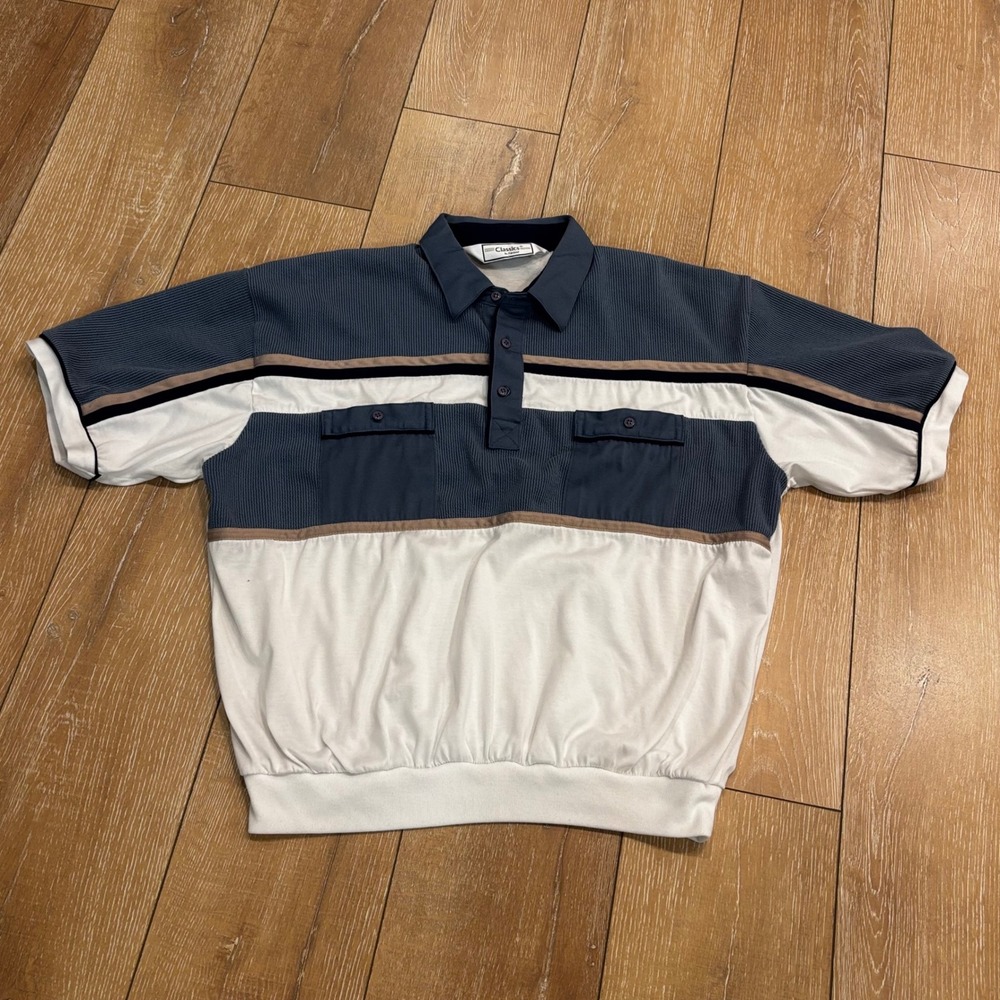 Vintage Classics by Palmland Polo Shirt XL Blue White Banded Waist Retro